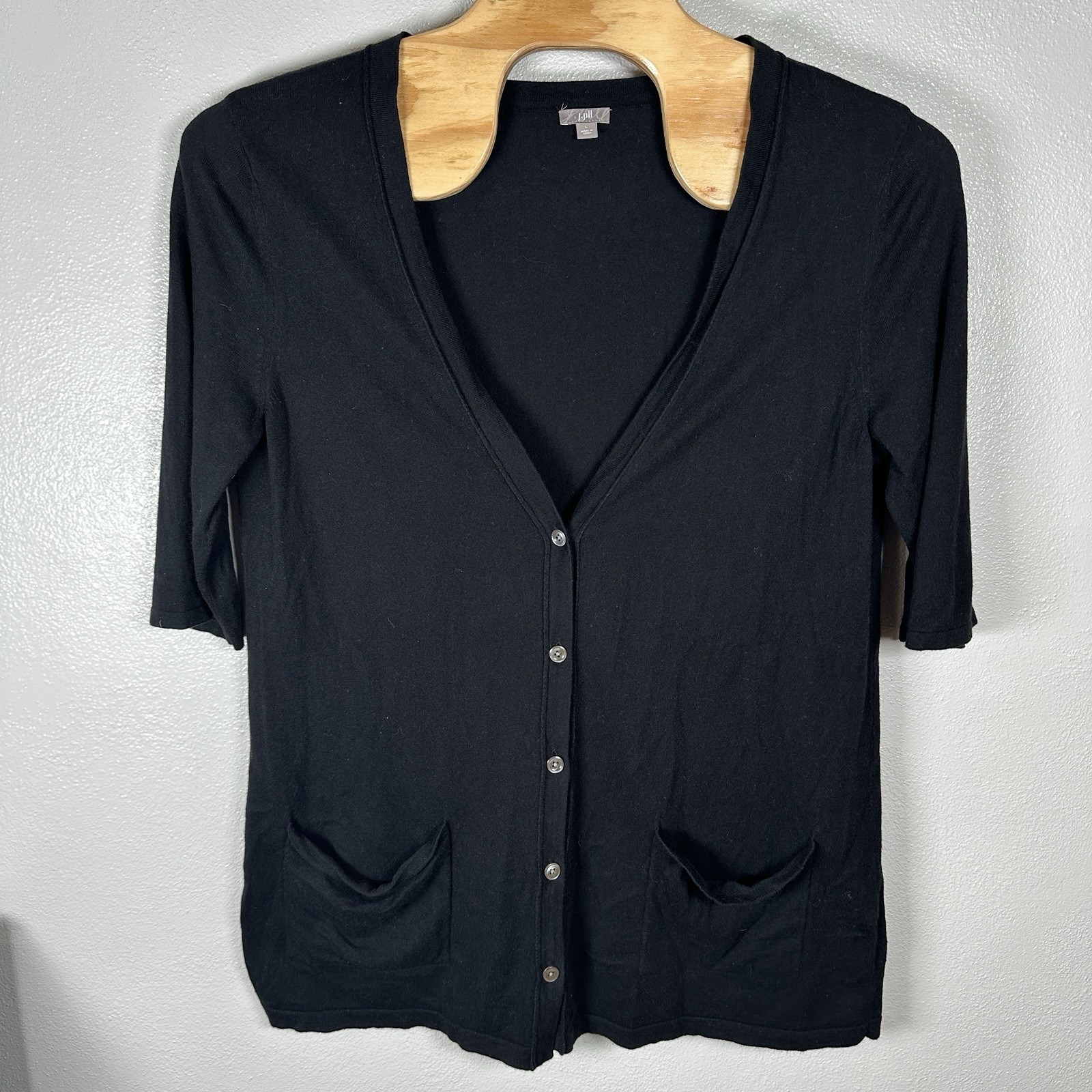 J Jill Womens Sz Large Black Cotton Cashmere Button Cardigan Sweater 3/4 Sleeve